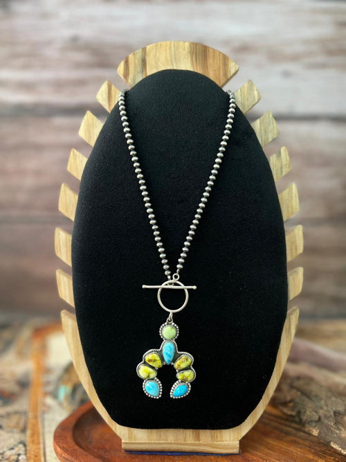 Handmade Sterling Silver Sierra Bella with Palomino Turquoise Naja Beaded Necklace "Signed Nizhoni"