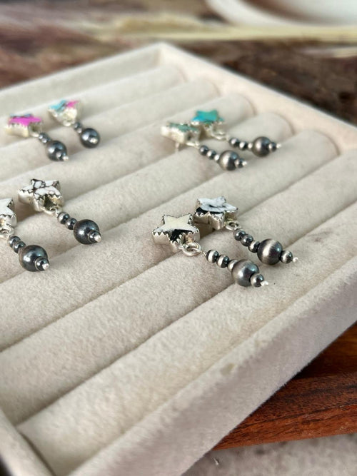 Handmade Sterling Silver Cotton Candy, White Buffalo, Wildhorse Magnesite and Kingman Turquoise Post Dangle Beaded Earrings "Signed Nizhoni"