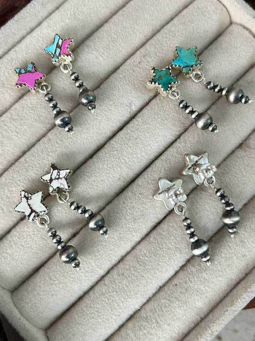 Handmade Sterling Silver Cotton Candy, White Buffalo, Wildhorse Magnesite and Kingman Turquoise Post Dangle Beaded Earrings "Signed Nizhoni"