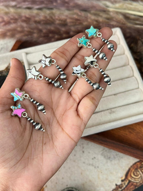 Handmade Sterling Silver Cotton Candy, White Buffalo, Wildhorse Magnesite and Kingman Turquoise Post Dangle Beaded Earrings "Signed Nizhoni"