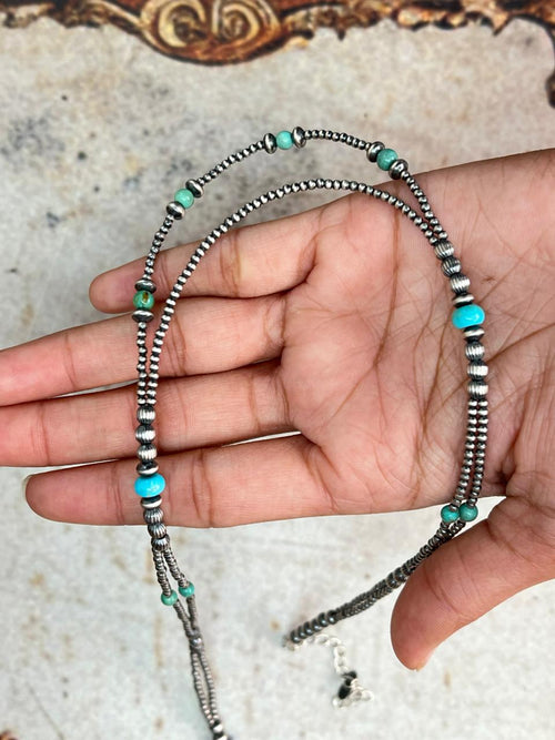 Handmade Sterling Silver Kingman Turquoise Beaded Necklace "Signed Nizhoni"