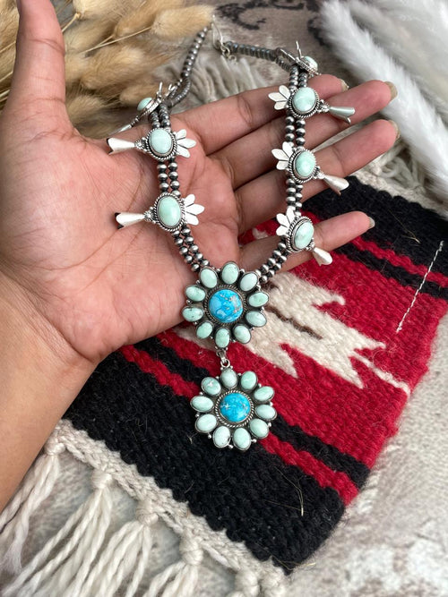 Handmade Sterling Silver Paloma with Sierra Bella Turquoise Squash Blossom Beaded Necklace "Signed Nizhoni"