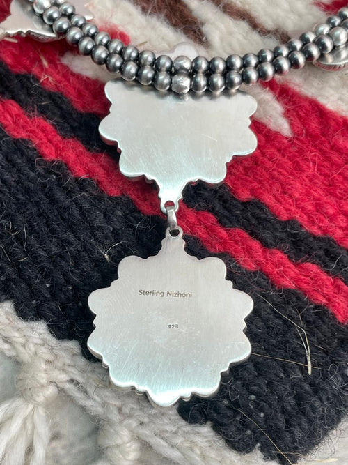 Handmade Sterling Silver Paloma with Sierra Bella Turquoise Squash Blossom Beaded Necklace "Signed Nizhoni"