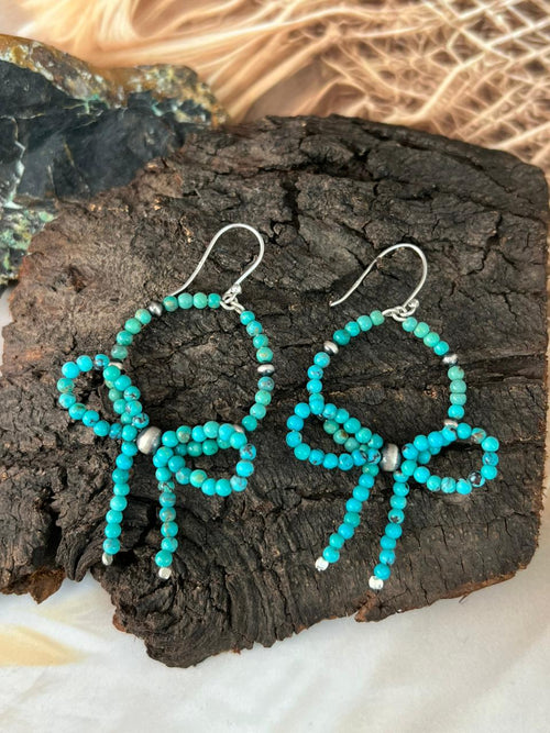 Handmade Sterling Silver Kingman Turquoise Hook Dangle Bow Style Beaded Earrings