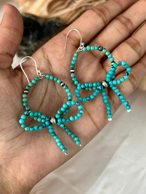 Handmade Sterling Silver Kingman Turquoise Hook Dangle Bow Style Beaded Earrings