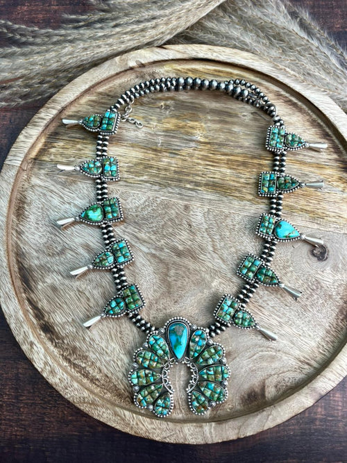 Handmade Sterling Silver Sonoran Cobble Collection: Sonoran Mountain Turquoise Squash Blossom Beaded Necklace "Signed Nizhoni"