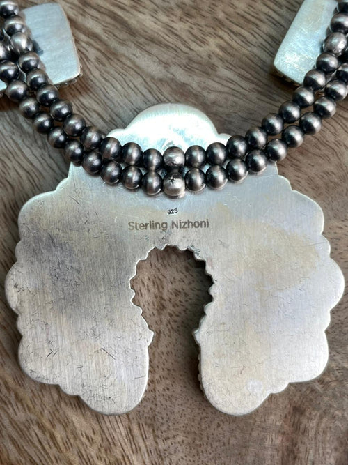 Handmade Sterling Silver Sonoran Cobble Collection: Sonoran Mountain Turquoise Squash Blossom Beaded Necklace "Signed Nizhoni"
