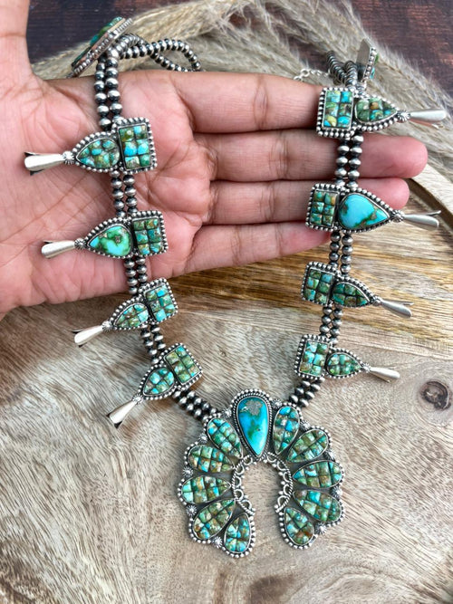 Handmade Sterling Silver Sonoran Cobble Collection: Sonoran Mountain Turquoise Squash Blossom Beaded Necklace "Signed Nizhoni"