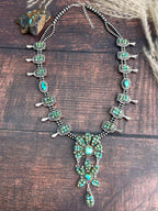 Handmade Sterling Silver Sonoran Cobble Collection: Sonoran Mountain Turquoise Squash Blossom Beaded Necklace "Signed Nizhoni"