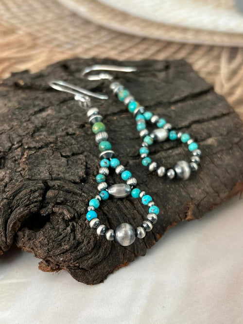 Handmade Sterling Silver Kingman Turquoise Hook Dangle Beaded Earrings