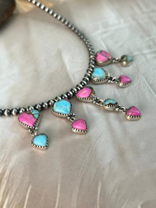 Handmade Sterling Silver Cotton Candy Beaded Heart Necklace "Signed Nizhoni"