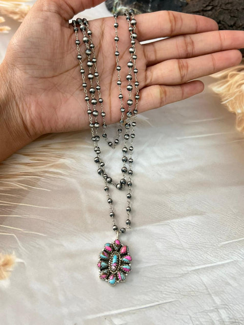Handmade Sterling Silver Cotton Candy Layerd Beaded Necklace "Signed Nizhoni"