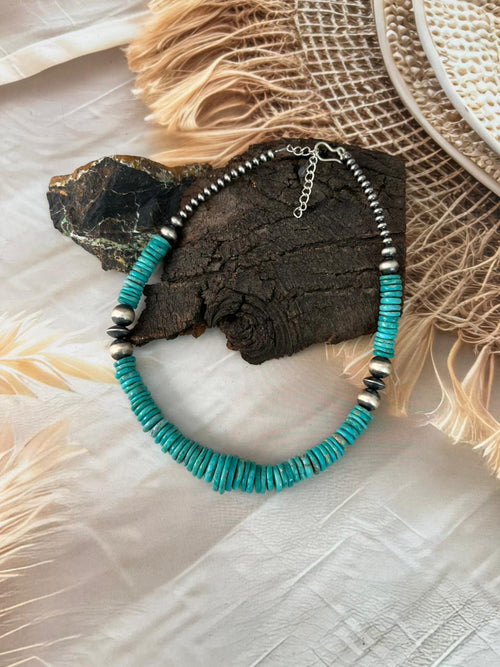 Handmade Sterling Silver Kingman Turquoise Beaded Necklace "Signed Nizhoni"