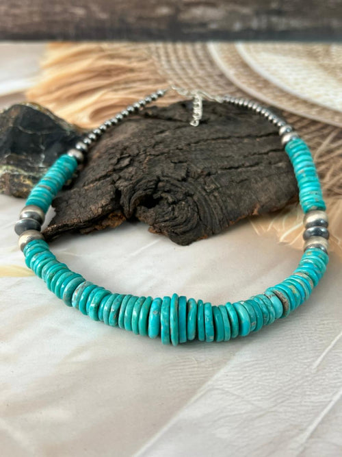 Handmade Sterling Silver Kingman Turquoise Beaded Necklace "Signed Nizhoni"