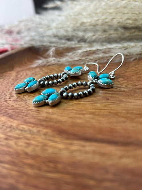 Handmade Sterling Silver Kingman Turquoise Hook Dangle Beaded Earrings "Signed Nizhoni"