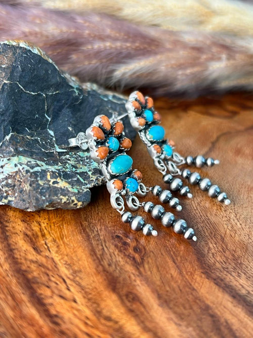 Handmade Sterling Silver Kingman Turquoise with Orange Mojave Post Dangle Beaded Earrings "Signed Nizhoni"