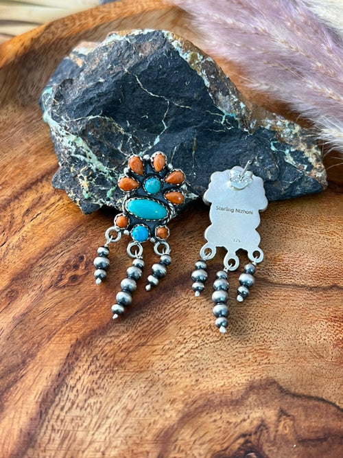 Handmade Sterling Silver Kingman Turquoise with Orange Mojave Post Dangle Beaded Earrings "Signed Nizhoni"