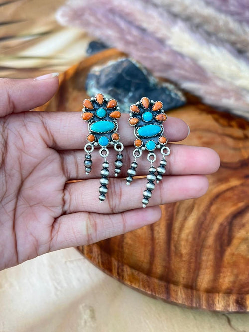 Handmade Sterling Silver Kingman Turquoise with Orange Mojave Post Dangle Beaded Earrings "Signed Nizhoni"