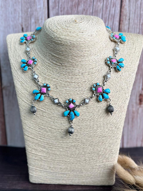 Handmade Sterling Silver Sierra Bella Turquoise with Cotton Candy Collection: Beaded Necklace "Signed Nizhoni"