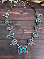 Handmade Sterling Silver Sierra Bella Turquoise with Cotton Candy Collection: Beaded Squash Blossom Necklace "Signed Nizhoni"