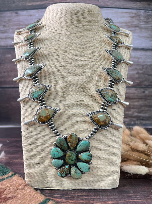 Handmade Sterling Silver Baja Turquoise Collection: Beaded Squash Blossom Necklace "Signed Nizhoni"
