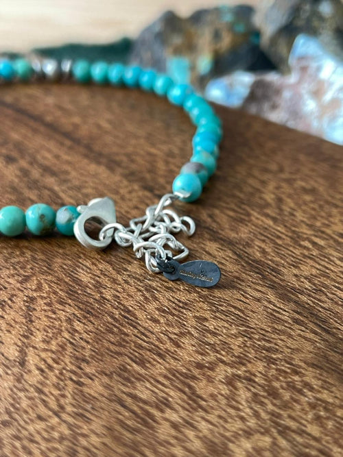 Handmade Sterling Silver Kingman Turquoise Beaded Anklet "Signed Nizhoni"