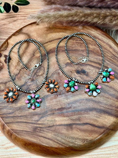 Handmade Sterling Silver Spring Collection: Sonoran Mountain with Orange Mojave, Cotton Candy and White Buffalo Beaded Necklace "Signed Nizhoni"