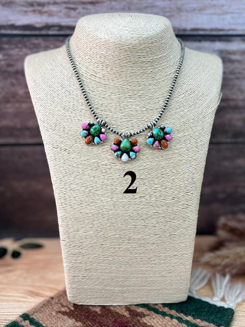 Handmade Sterling Silver Spring Collection: Sonoran Mountain with Orange Mojave, Cotton Candy and White Buffalo Beaded Necklace "Signed Nizhoni"
