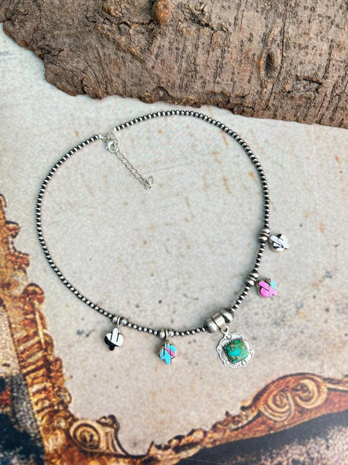 Handmade Sterling Silver Spring Collection: Sonoran Mountain with Cotton Candy and White Buffalo Beaded Necklace "Signed Nizhoni"
