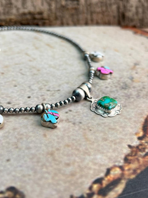Handmade Sterling Silver Spring Collection: Sonoran Mountain with Cotton Candy and White Buffalo Beaded Necklace "Signed Nizhoni"
