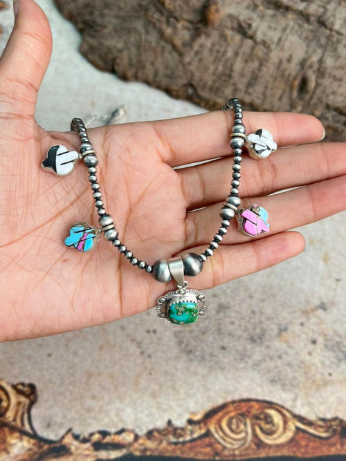 Handmade Sterling Silver Spring Collection: Sonoran Mountain with Cotton Candy and White Buffalo Beaded Necklace "Signed Nizhoni"