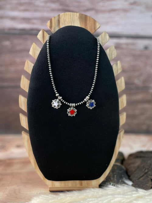 Handmade Sterling Silver 4th Of July Collection: Rosarita with Lapis and White Buffalo Star Beaded Necklace "Signed Nizhoni"