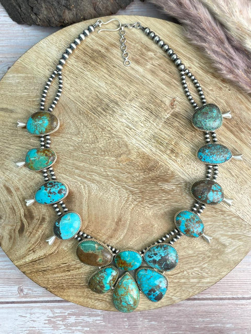 Handmade Sterling Silver Royston Turquoise Collection: Squash Blossom Beaded Necklace "Signed Nizhoni"