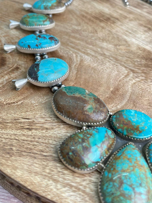 Handmade Sterling Silver Royston Turquoise Collection: Squash Blossom Beaded Necklace "Signed Nizhoni"