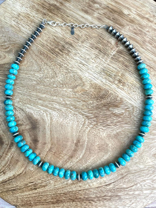 Handmade Sterling Silver Kingman Turquoise Beaded Necklace "Signed Nizhoni"