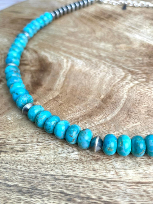 Handmade Sterling Silver Kingman Turquoise Beaded Necklace "Signed Nizhoni"
