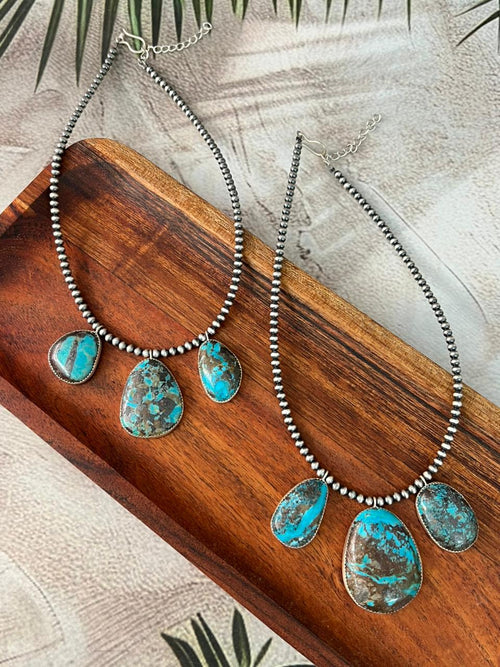 Handmade Sterling Silver Kingman Turquoise Collection: Beaded Necklace "Signed Nizhoni" (3)