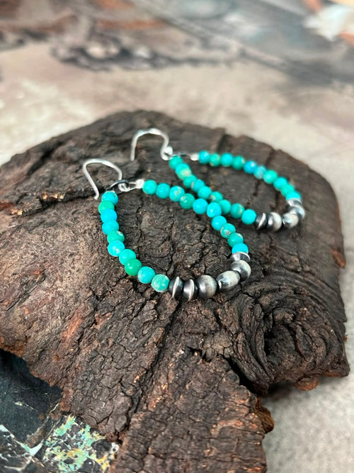 Handmade Sterling Silver Kingman Turquoise Hook Dangle Beaded Earrings