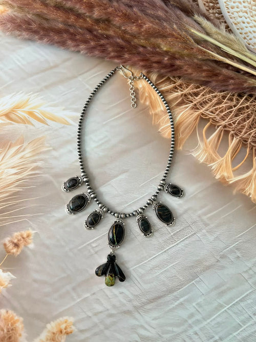 Handmade Sterling Silver Blackjack Turquoise Collection: Beaded Necklace Signed Nizhoni