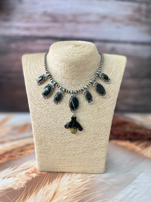 Handmade Sterling Silver Blackjack Turquoise Collection: Beaded Necklace Signed Nizhoni