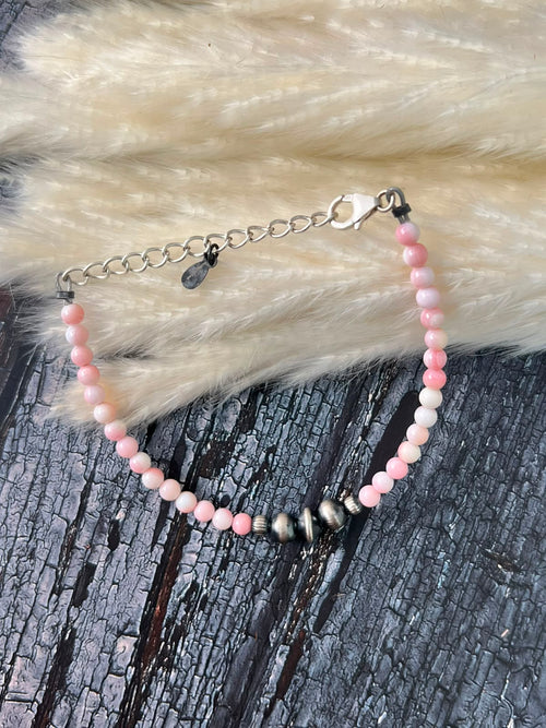 Handmade Sterling Silver Queen Pink Conch Collection: Beaded Chain Bracelet Signed Nizhoni (9)