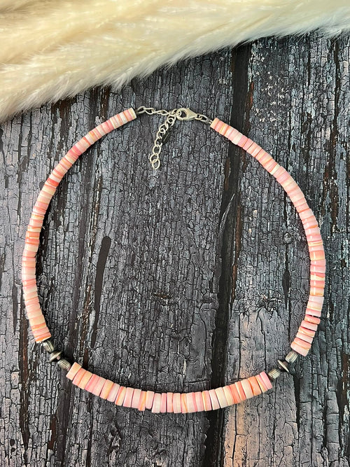 Handmade Sterling Silver Queen Pink Conch Collection: Beaded Necklace Signed Nizhoni (2)