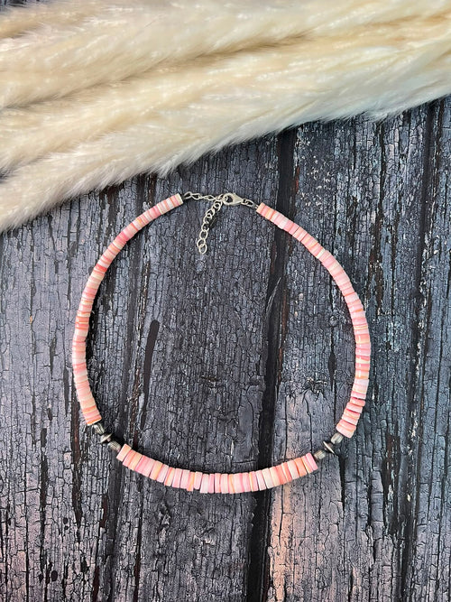 Handmade Sterling Silver Queen Pink Conch Collection: Beaded Necklace Signed Nizhoni (2)