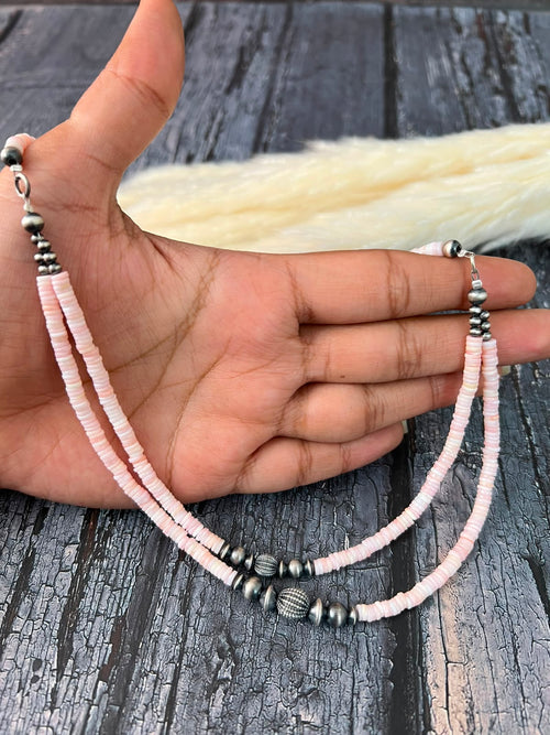 Handmade Sterling Silver Queen Pink Conch Collection: Beaded Layering Necklace Signed Nizhoni