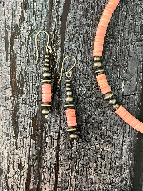 Handmade Sterling Silver Queen Pink Conch Collection: Beaded Necklace and Earrings Set Signed Nizhoni (1)