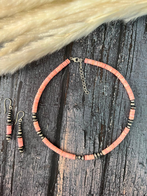 Handmade Sterling Silver Queen Pink Conch Collection: Beaded Necklace and Earrings Set Signed Nizhoni (1)