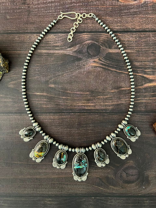 Handmade Sterling Silver Blackjack Turquoise Collection: Beaded Necklace Signed Nizhoni