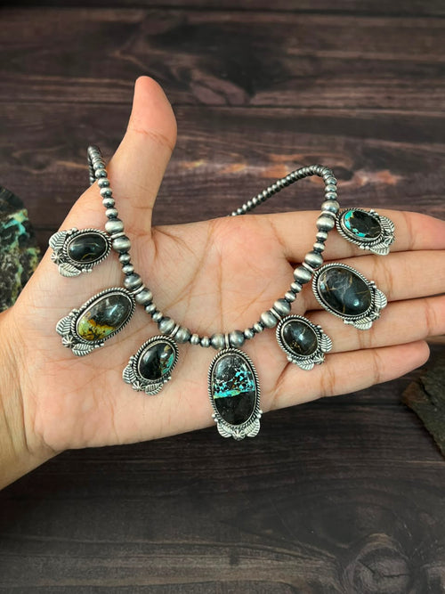 Handmade Sterling Silver Blackjack Turquoise Collection: Beaded Necklace Signed Nizhoni
