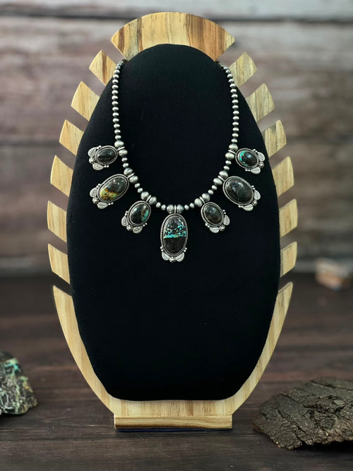Handmade Sterling Silver Blackjack Turquoise Collection: Beaded Necklace Signed Nizhoni