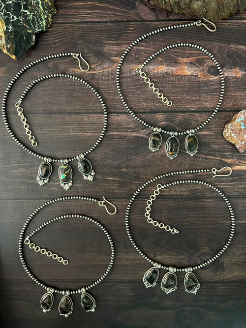 Handmade Sterling Silver Blackjack Turquoise Collection: Beaded Necklace Signed Nizhoni